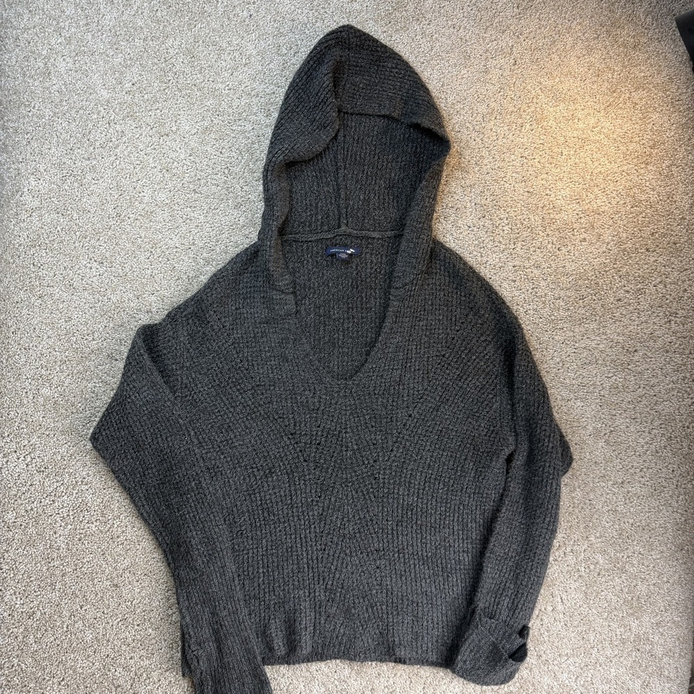American Eagle Outfitters Sweater Womens S Gray Hooded Waffle Knit Pullover